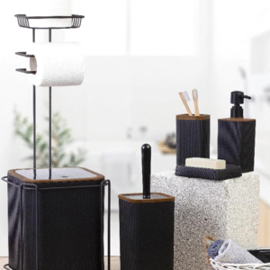 MINA STRIPED SQUARE BATHROOM SET 6 PCS | WOODEN BLACK